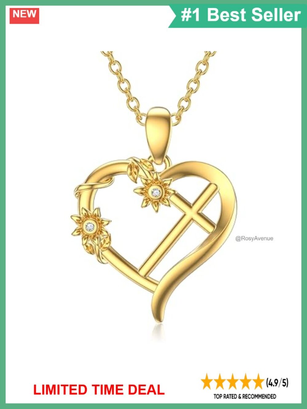 14K Gold Cross Necklace Sunflower Heart Pendant Faith Jewelry Gift